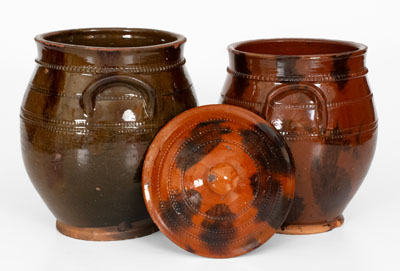 Lot of Two: Norwalk, Connecticut Redware Jars incl. Lidded Example, c1840