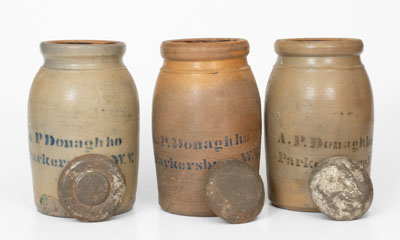 Lot of Three: A. P. Donaghho / Parkersburg, W. VA Half-Gallon Stoneware Canning Jars