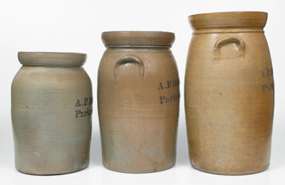 Lot of Three: A. P. DONAGHHO / PARKERSBURG, W. VA Stoneware Churns in Graduated Sizes