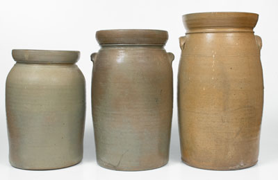 Lot of Three: A. P. DONAGHHO / PARKERSBURG, W. VA Stoneware Churns in Graduated Sizes