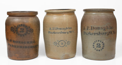 Lot of Three: A. P. Donaghho / Parkersburg, W. VA 2 Gal. Stoneware Jars