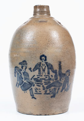 Very Rare Stoneware Jug w/ Stenciled Tavern Scene, attrib. Hamilton & Jones, Greensboro, PA