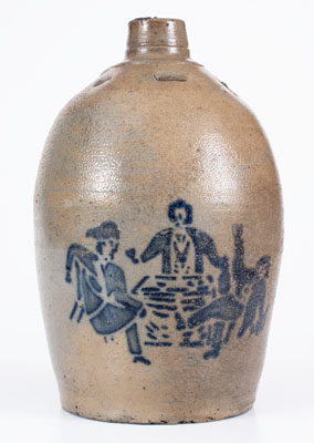 Very Rare Stoneware Jug w/ Stenciled Tavern Scene, attrib. Hamilton & Jones, Greensboro, PA