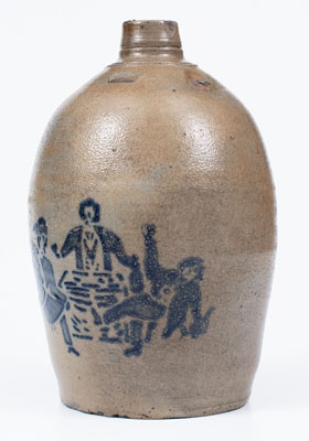 Very Rare Stoneware Jug w/ Stenciled Tavern Scene, attrib. Hamilton & Jones, Greensboro, PA