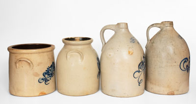 Lot of Four: FORT EDWARD, NY Stoneware Crocks and Jugs w/ Floral Decoration