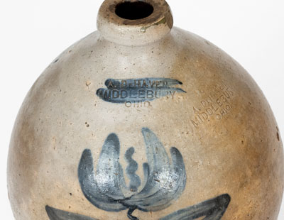 Rare A. DeHAVEN / MIDDLEBURY, OHIO Stoneware Jug w/ Floral Decoration