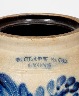 N. CLARK & CO. / LYONS, New York 3 Gal. Stoneware Jar wi/ Elaborate Floral Decoration