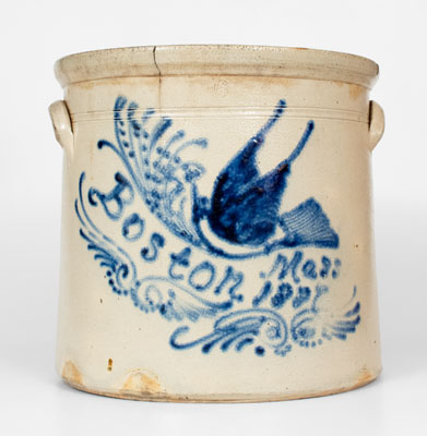 Fine BOSTON 6 Gal. Stoneware Crock w/ Elaborate Bird and Banner Decoration, Dated 1887