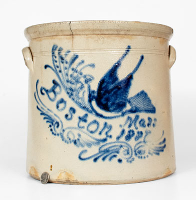 Fine BOSTON 6 Gal. Stoneware Crock w/ Elaborate Bird and Banner Decoration, Dated 1887