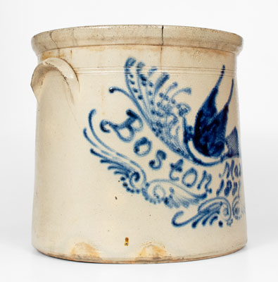 Fine BOSTON 6 Gal. Stoneware Crock w/ Elaborate Bird and Banner Decoration, Dated 1887