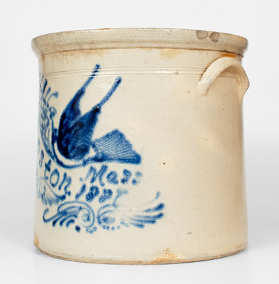 Fine BOSTON 6 Gal. Stoneware Crock w/ Elaborate Bird and Banner Decoration, Dated 1887