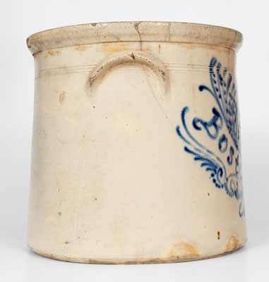 Fine BOSTON 6 Gal. Stoneware Crock w/ Elaborate Bird and Banner Decoration, Dated 1887