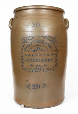 Fine 20 Gal. HAMILTON & JONES / AGENTS / GREENSBORO, PA Stoneware Crock