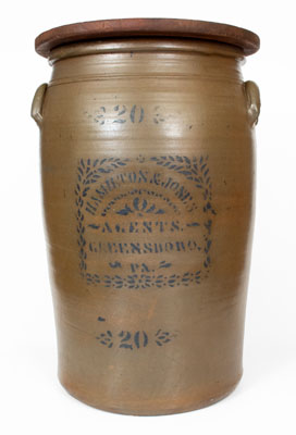 Fine 20 Gal. HAMILTON & JONES / AGENTS / GREENSBORO, PA Stoneware Crock