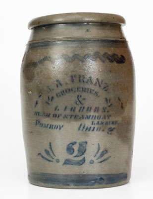 HEAD OF STEAMBOAT / LANDING / POMEROY OHIO Stoneware Advertising Jar