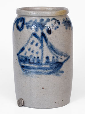 Very Rare Baltimore Stoneware Jar w/ Brushed Ship Decoration, probably Parr & Burland, c1820