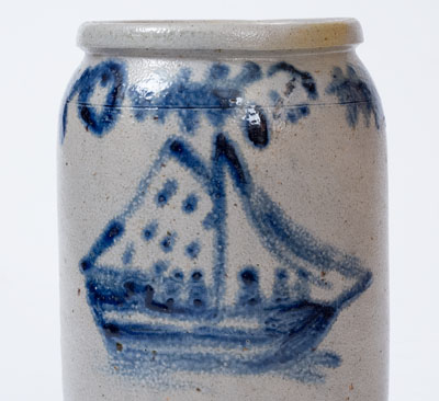 Very Rare Baltimore Stoneware Jar w/ Brushed Ship Decoration, probably Parr & Burland, c1820