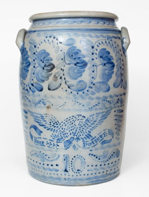 Outstanding 10 Gal. STAR POTTERY Stoneware Jar w/ Stenciled Eagle and Profuse Floral Decoration, Greensboro, PA