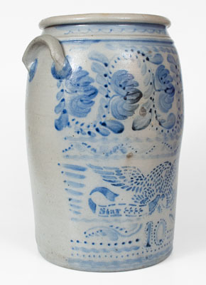 Outstanding 10 Gal. STAR POTTERY Stoneware Jar w/ Stenciled Eagle and Profuse Floral Decoration, Greensboro, PA