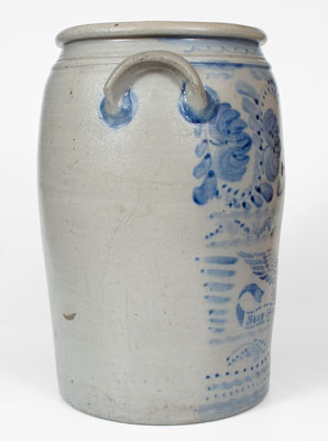 Outstanding 10 Gal. STAR POTTERY Stoneware Jar w/ Stenciled Eagle and Profuse Floral Decoration, Greensboro, PA