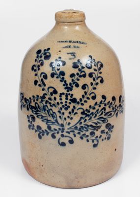 Fine WM. E. WARNER / WEST TROY Stoneware Jug w/ Elaborate Slip-Trailed Foliate Decoration