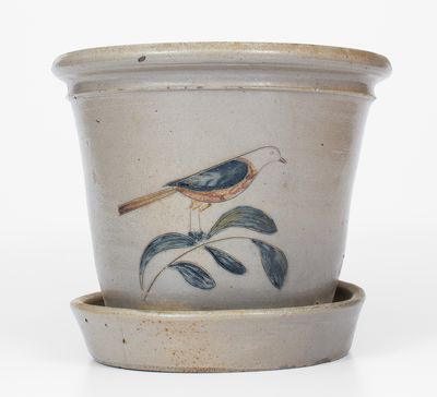 Stoneware Incised Bird Flowerpot, attrib. Lyman & Clark, Gardiner, Maine, circa 1837-41