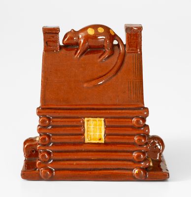 Attrib. Thomas Haig, Jr., Philadelphia Redware Log Cabin w/ Raccoon, 1840