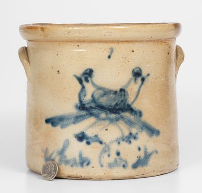 Rare One-Gallon Stoneware Crock w/ Cobalt Double Bird Decoration, Inscribed "What is it"
