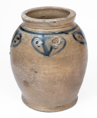 Very Rare Small-Sized Manhattan Stoneware Jar w/ Slip-Trailed Floral Decoration, mid 18th century