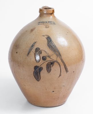 NORTON & FENTON / East Bennington, Vt. Stoneware Jug w/ Incised Double Bird Decoration