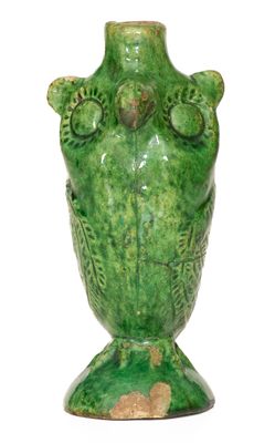 Moravian Copper-Glazed Redware Owl Bottle, Salem, NC origin, circa 1804-1820
