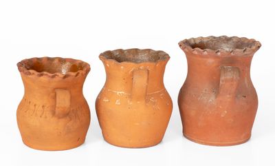 Lot of Three: Henry Schofield (Cecil County, MD) Redware Vases w/ Crimped Rims and Stamped Decorations