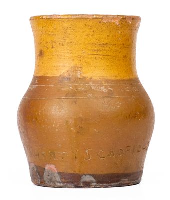 Redware Vase w/ Yellow Slip Decoration Signed