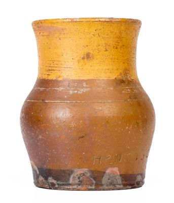 Redware Vase w/ Yellow Slip Decoration Signed 
