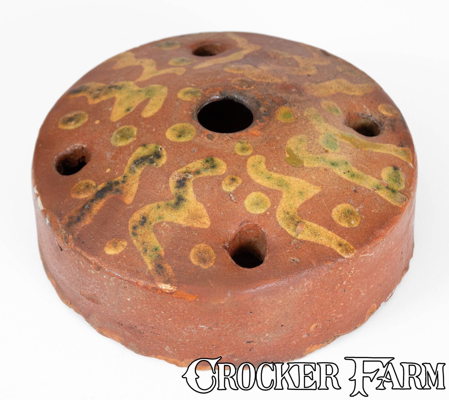 Rare Glazed Redware Inkwell with Copper Slip Decoration, American ...