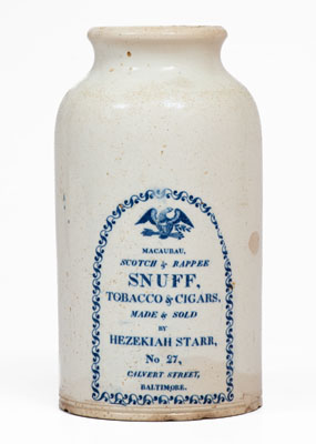 Very Rare CLEWS S MANUFACTURER S Snuff Jar for Baltimore Merchant Hezekiah Starr, c1812