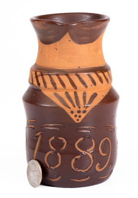 Very Rare Tanware Pitcher w/ Sgraffito "1889" Date, New Geneva or Greensboro, PA