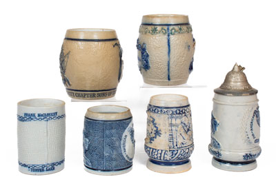 Six Molded Stoneware Mugs, White's Pottery, Utica, New York