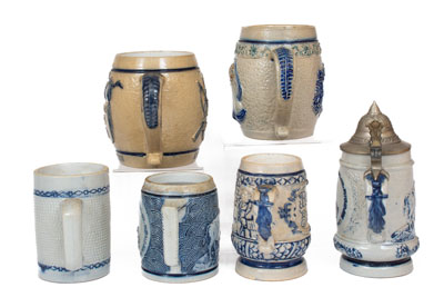 Six Molded Stoneware Mugs, White's Pottery, Utica, New York