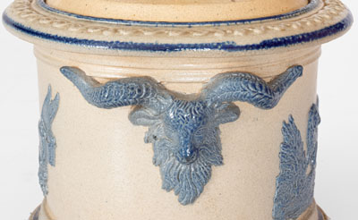 Molded Stoneware Humidor w/ Goat s Head Handles, probably White s Pottery, Utica, NY
