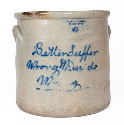 Rare Hartford, CT Stoneware Slogan Crock: "Better Suffer / Wrong then do / Wrong"