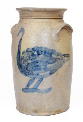 Outstanding Ohio Stoneware Churn w/ Folky Cobalt Turkey Decoration, circa 1870