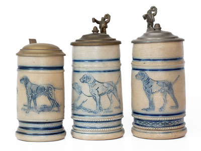Three Molded Stoneware Mugs w/ Dog Motifs, attributed the White s Pottery, Utica, NY
