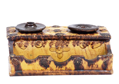 Unusual Redware Inkstand Inscribed "John Rodiger / 1855"