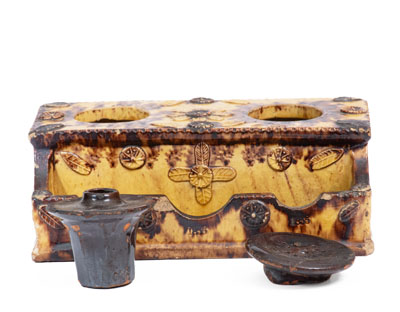 Unusual Redware Inkstand Inscribed "John Rodiger / 1855"