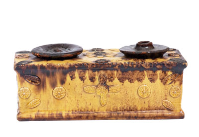 Unusual Redware Inkstand Inscribed "John Rodiger / 1855"