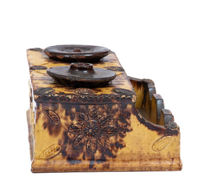 Unusual Redware Inkstand Inscribed "John Rodiger / 1855"