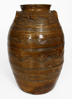 Exceptional Four-Gallon Stoneware Jar w/ Profuse Incised Decoration, att.. Jacob Eichelberger, Talladega Co, Alabama