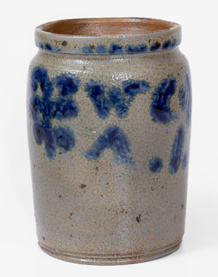 Rare Small-Sized Stoneware Jar Inscribed "W A," possibly William Amoss, Baltimore, MD, circa 1820
