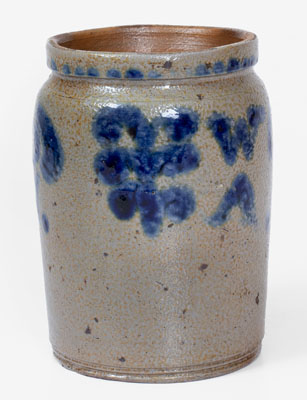 Rare Small-Sized Stoneware Jar Inscribed "W A," possibly William Amoss, Baltimore, MD, circa 1820